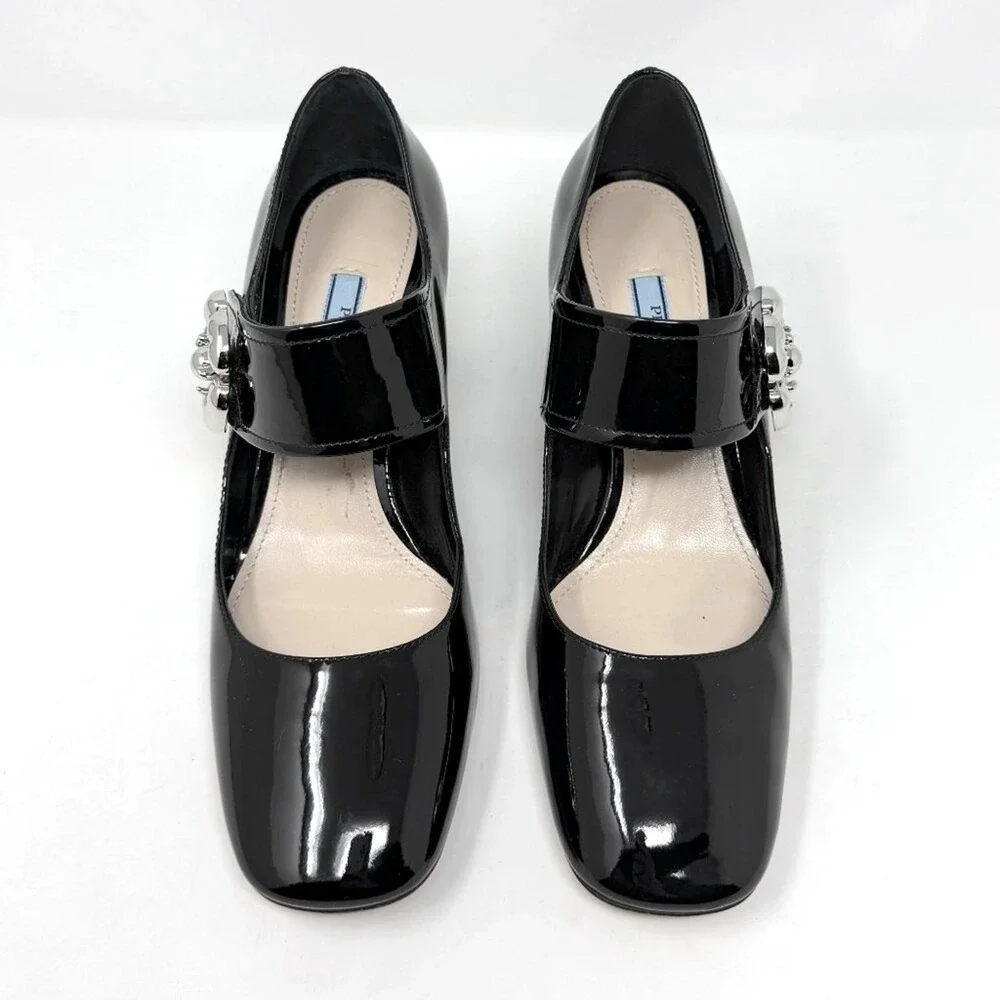 Prada Black Patent Mary Jane‎ Heels Silver Buckle Block Pumps 38.5